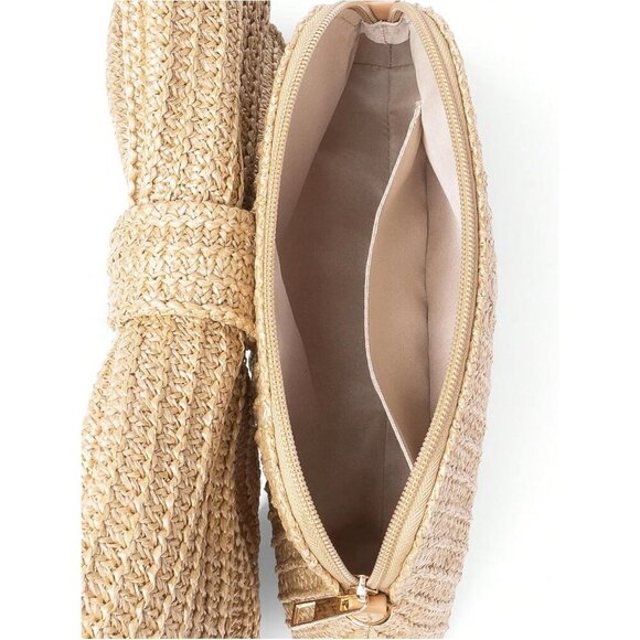 Women's Straw Bow Crossbody Bag Polyester Summer Satchel with Chain - Picture 3 of 6